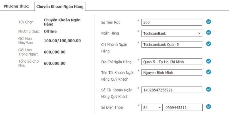 Sau khi hoàn thành form như trên thì nhận tiền